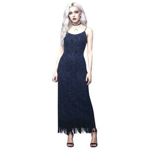 Whimsygoth Sparkly Slip Maxi Dress M Fringe Navy Blue Gothic Stretch Dramatic